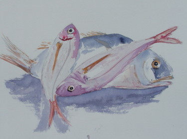 Painting titled "Poissons" by Dominique Metras, Original Artwork, Watercolor
