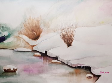 Painting titled "Cascade gelée" by Dominique Obry, Original Artwork, Watercolor