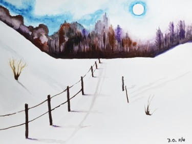 Painting titled "Vallée enneigée" by Dominique Obry, Original Artwork, Watercolor