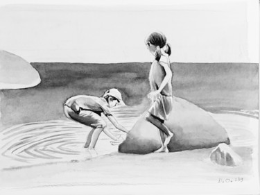 Tekening getiteld "Au bord du lac" door Dominique Obry, Origineel Kunstwerk
