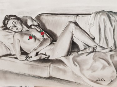Drawing titled "Sur le sofa" by Dominique Obry, Original Artwork, Charcoal