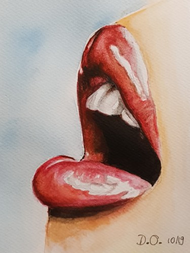 Drawing titled "Gloss rouge pour ce…" by Dominique Obry, Original Artwork, Watercolor