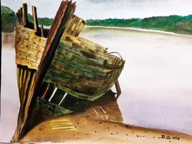 Dessin intitulée "Épave de bateau" par Dominique Obry, Œuvre d'art originale, Aquarelle