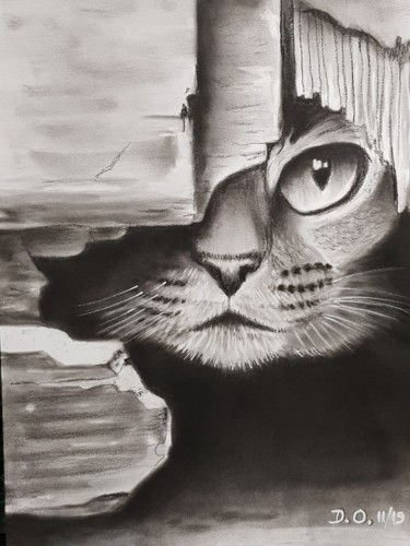 Drawing titled "Je guette" by Dominique Obry, Original Artwork, Graphite