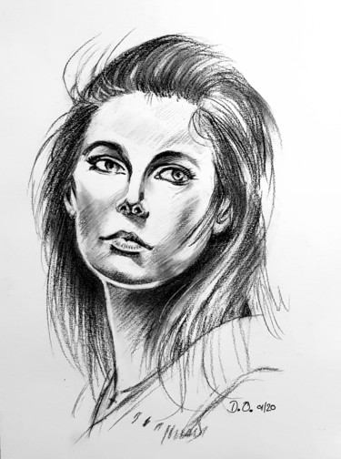 Drawing titled "Portrait expressif…" by Dominique Obry, Original Artwork, Charcoal