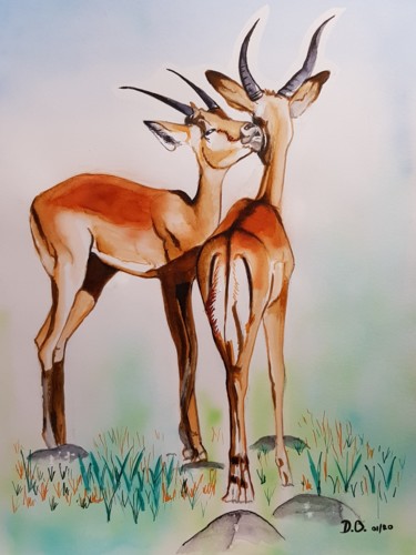 Tekening getiteld "Les gazelles" door Dominique Obry, Origineel Kunstwerk, Inkt