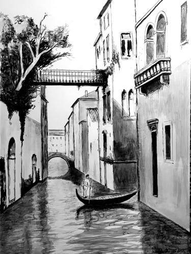 Drawing titled "Lavis sur Venise" by Dominique Obry, Original Artwork, Ink