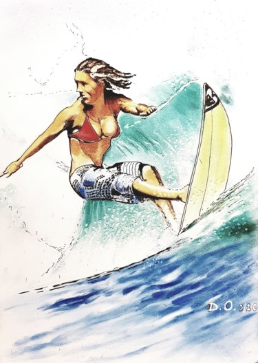 Drawing titled "Surfeuse" by Dominique Obry, Original Artwork, Pastel
