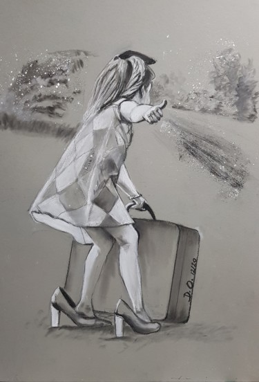 Drawing titled "Je vais chez papy" by Dominique Obry, Original Artwork, Pastel
