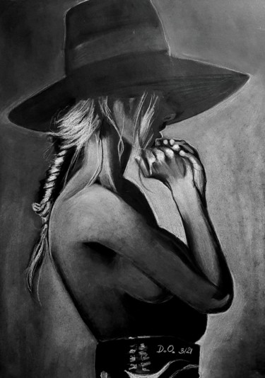 Рисунок под названием "Tresse et chapeau" - Dominique Obry, Подлинное произведение искусства, Пастель