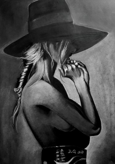 Drawing titled "Tresse et chapeau" by Dominique Obry, Original Artwork, Pastel