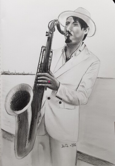 Рисунок под названием "Saxophone à Venise" - Dominique Obry, Подлинное произведение искусства, Графит
