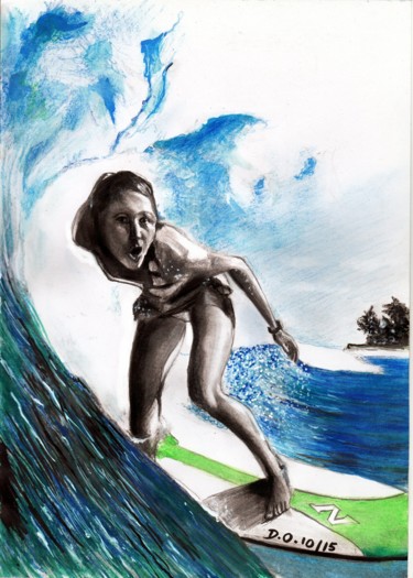 Dessin intitulée "surfeuse.jpg" par Dominique Obry, Œuvre d'art originale