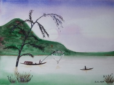 Painting titled "aquarelle pêcheurs…" by Dominique Obry, Original Artwork, Watercolor