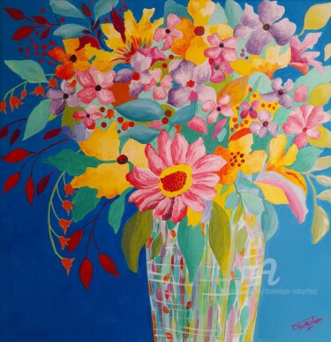 Painting titled "FLEURS AVRIL" by Dominique Ostrycharz, Original Artwork, Acrylic Mounted on Wood Stretcher frame