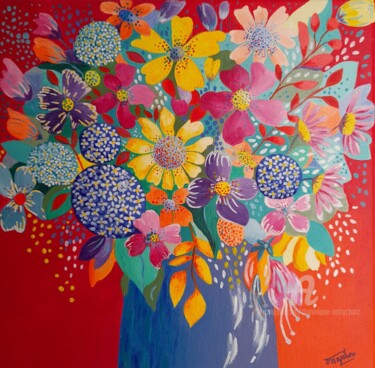 Painting titled "FLEURS JUIN" by Dominique Ostrycharz, Original Artwork, Acrylic Mounted on Wood Stretcher frame