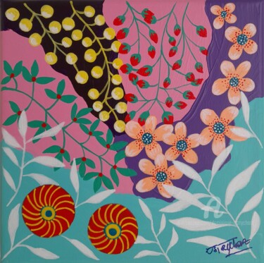 Painting titled "Abstrait Botanic Ao…" by Dominique Ostrycharz, Original Artwork, Acrylic Mounted on Wood Stretcher frame