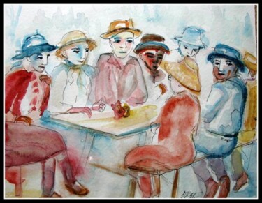 Painting titled "repas campagnard" by Dominique Petit, Original Artwork, Watercolor