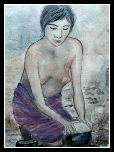 Malerei mit dem Titel "Jeune femme au trav…" von Dominique Petit, Original-Kunstwerk, Aquarell