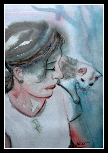 Pintura intitulada "Le chaton" por Dominique Petit, Obras de arte originais, Aquarela