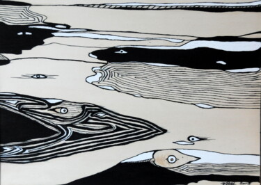Zeichnungen mit dem Titel "Au bord de l'eau ,…" von Dominique Petit, Original-Kunstwerk, Tinte