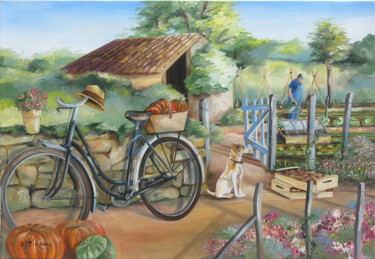 Painting titled "Le vélo du jardinier" by Dominique Pineau, Original Artwork, Oil