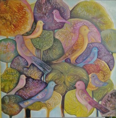 Painting titled "L'arbre oiseaux" by Dominique Telmon, Original Artwork, Oil Mounted on Wood Stretcher frame