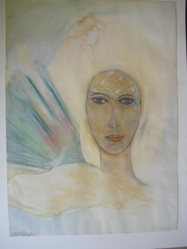 Peinture intitulée "dame à l'éventail" par Dominique Bertrand, Œuvre d'art originale, Gouache