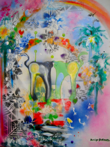 Malerei mit dem Titel "Deux amis au jardin…" von Dominique Bertrand, Original-Kunstwerk, Acryl
