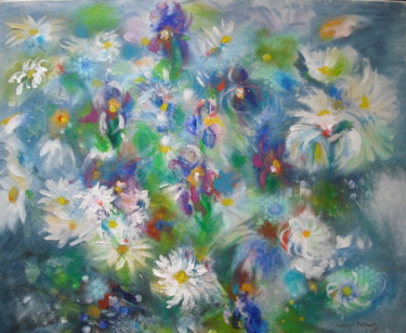 Painting titled "Marguerites et iris" by Dominique Bertrand, Original Artwork, Acrylic