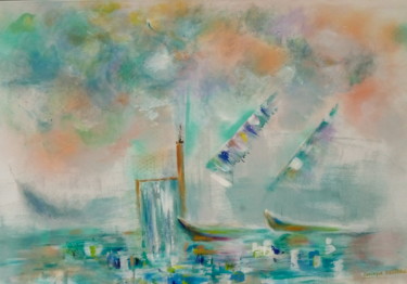 Malarstwo zatytułowany „Écluse et bateaux s…” autorstwa Dominique Bertrand, Oryginalna praca, Akryl Zamontowany na Drewniana…