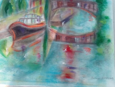 Painting titled "Port sur le canal d…" by Dominique Bertrand, Original Artwork, Acrylic Mounted on Wood Stretcher frame