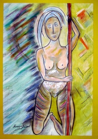 Painting titled "NUE  AU BATON" by Dominique Bertrand, Original Artwork, Acrylic Mounted on Cardboard