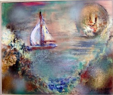 Peinture intitulée "Crique avec voilier…" par Dominique Bertrand, Œuvre d'art originale, Acrylique
