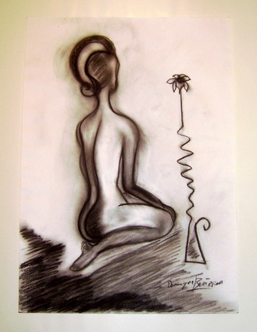 Schilderij getiteld "Femme et fleur" door Dominique Bertrand, Origineel Kunstwerk, Houtskool Gemonteerd op Andere stijve pan…