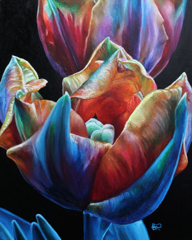 Malerei mit dem Titel "Tulipe en couleur" von Dominique Martineau, Original-Kunstwerk, Öl
