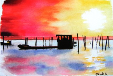 Painting titled "couche-de-soleil-su…" by Dominique Missler, Original Artwork, Watercolor