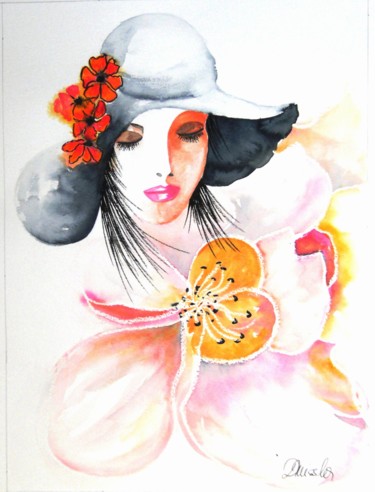 Pittura intitolato "demoiselle au chape…" da Dominique Missler, Opera d'arte originale, Acquarello