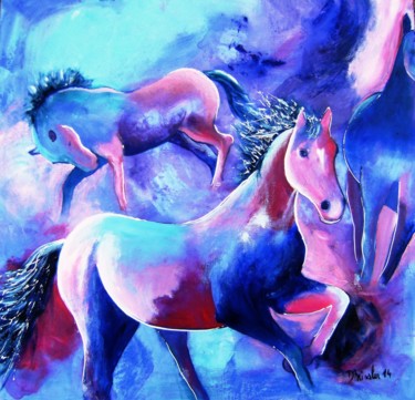 Painting titled "chevaux-bleus" by Dominique Missler, Original Artwork, Acrylic Mounted on Wood Stretcher frame