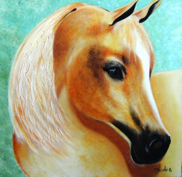 Painting titled "le cheval jaune" by Dominique Missler, Original Artwork, Acrylic Mounted on Wood Stretcher frame