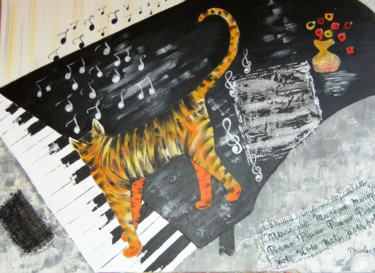 Painting titled "chat-sur-le-piano" by Dominique Missler, Original Artwork, Acrylic Mounted on Wood Stretcher frame