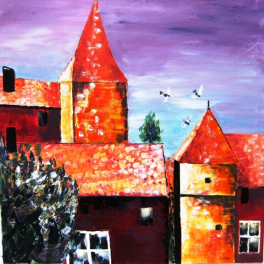 Schilderij getiteld "vue-sur-nerac" door Dominique Missler, Origineel Kunstwerk, Acryl Gemonteerd op Frame voor houten branc…