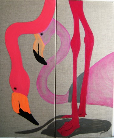 Painting titled "les-flamants" by Dominique Missler, Original Artwork, Acrylic Mounted on Wood Stretcher frame