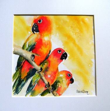 Peinture intitulée "trois perroquets" par Dominique Missler, Œuvre d'art originale, Aquarelle