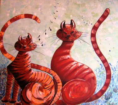 Painting titled "chats siffleurs" by Dominique Missler, Original Artwork, Acrylic Mounted on Wood Stretcher frame