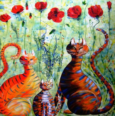 Painting titled "famille-chats" by Dominique Missler, Original Artwork, Acrylic Mounted on Wood Stretcher frame