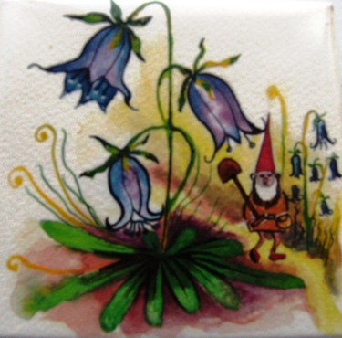 Painting titled "gnome jardinier" by Dominique Missler, Original Artwork, Watercolor Mounted on Wood Stretcher frame