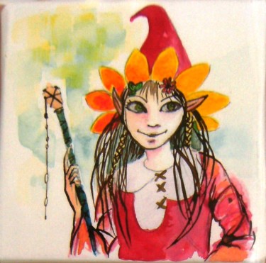 Malerei mit dem Titel "la fée fleur" von Dominique Missler, Original-Kunstwerk, Aquarell Auf Keilrahmen aus Holz montiert