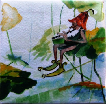 Peinture intitulée "lutin joueur de flû…" par Dominique Missler, Œuvre d'art originale, Aquarelle Monté sur Châssis en bois