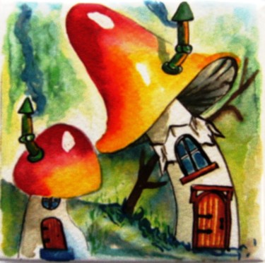 Painting titled "maisons champignon" by Dominique Missler, Original Artwork, Watercolor Mounted on Wood Stretcher frame